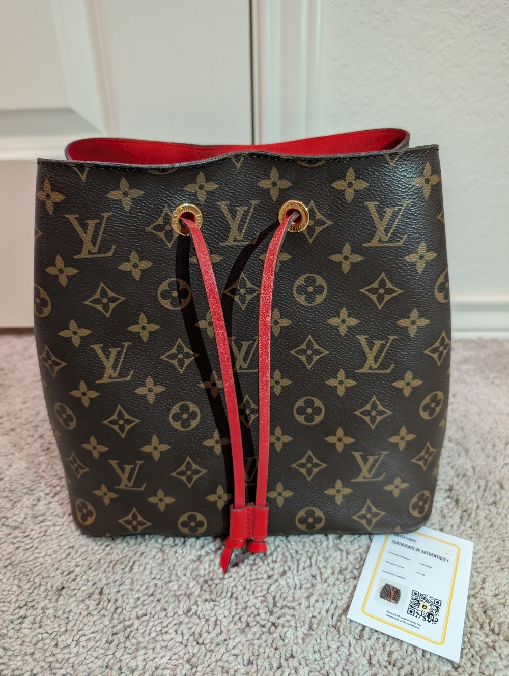 Authentic Louis Vuitton Monogram Canvas Red-Trim Bucket Bag w/COA